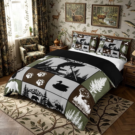 Meiyoeat Wildlife Mallard Duck Big Bass Fish Deer Bear Duvet Cover Queen, Rustic Fishing and Hunting Queen Bedding, Brown Green Black,3-Piece,No Comforter,Black Reversible