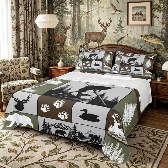 Meiyoeat Wildlife Mallard Duck Big Bass Fish Deer Bear King Sheets 4pcs, Rustic Fishing and Hunting Bedding, Brown Green Black
