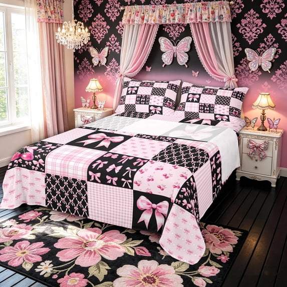 Meiyoeat Y2K Bow Cherry Checker Full Size Sheets for Women Girls, Black Pink Princess Style Bed Sheets, 4 Pieces