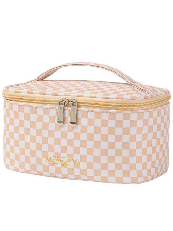 Waterproof PU Leather Cosmetic Makeup Bag with Zipper, Checkered Plaid, Red, 1 Piece