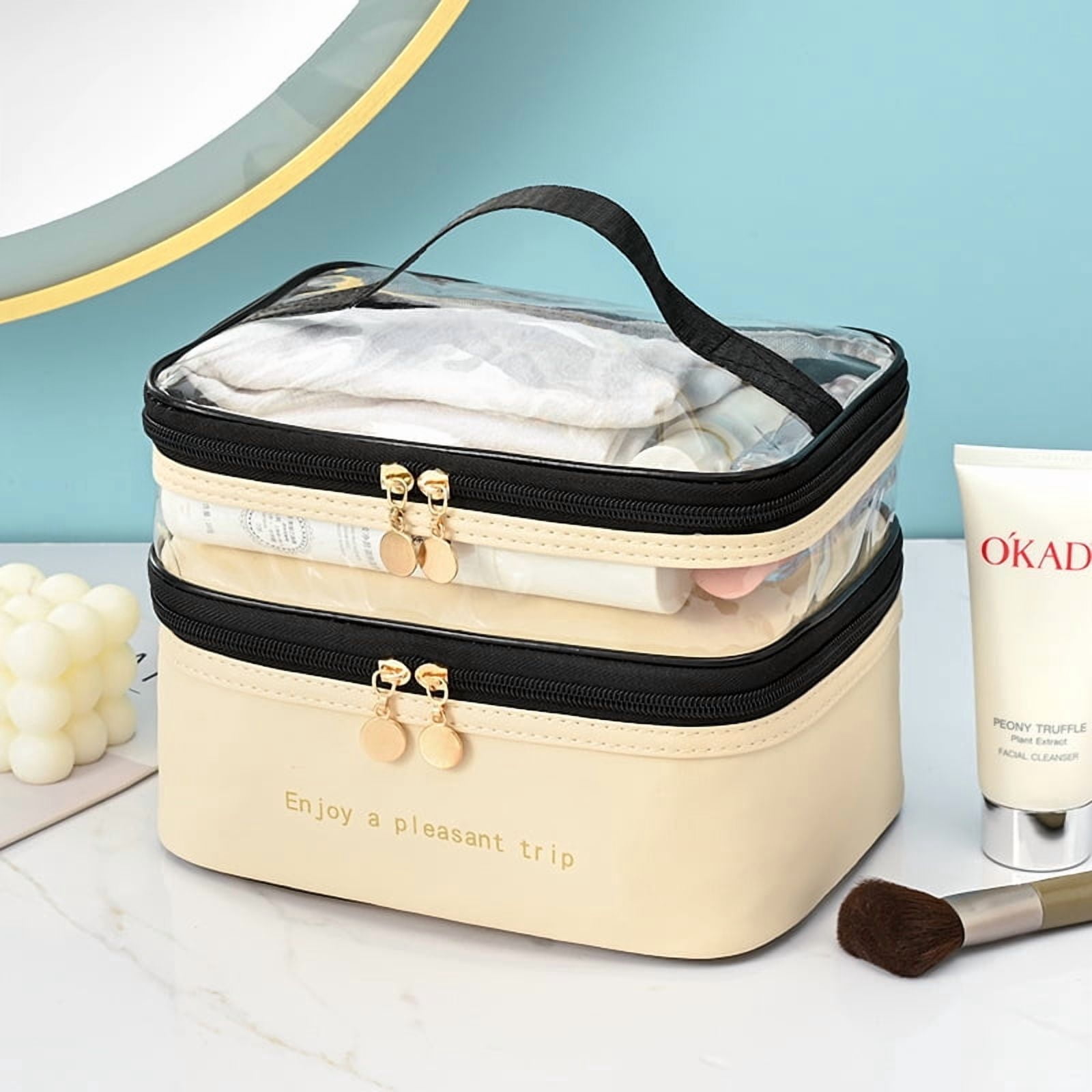 Meiyuuo Travel Makeup Bag Double Layer Make Up Bags Large Clear Beauty Essentials Organizer, Cosmetic Case for Women Girls Reusable Toiletry Bag Beige Meiyuuo Travel Makeup Bag Double Layer Make Up Bags Large Clear Beauty Essentials Organizer, Cosmetic Case for Women Girls Reusable Toiletry Bag Beige