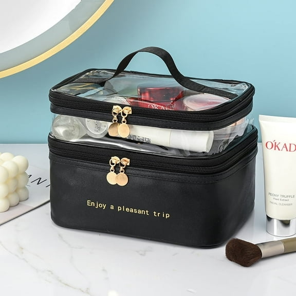 Meiyuuo Travel Makeup Bag Double Layer Make Up Bags Large Clear Beauty Essentials Organizer, Cosmetic Case for Women Girls Reusable Toiletry Bag Black