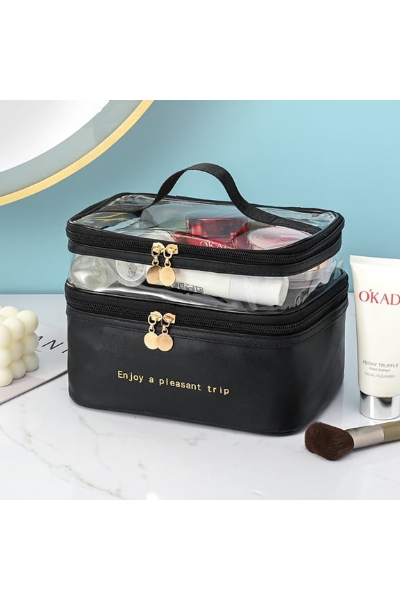 Travel Makeup Bag Double Layer Make Up Bags Large Clear Beauty Essentials Organizer, Cosmetic Case for Women Girls Reusable Toiletry Bag Black