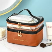 Meiyuuo Travel Makeup Bag Double Layer Make Up Bags Large Clear Beauty Essentials Organizer, Cosmetic Case for Women Girls Reusable Toiletry Bag Brown