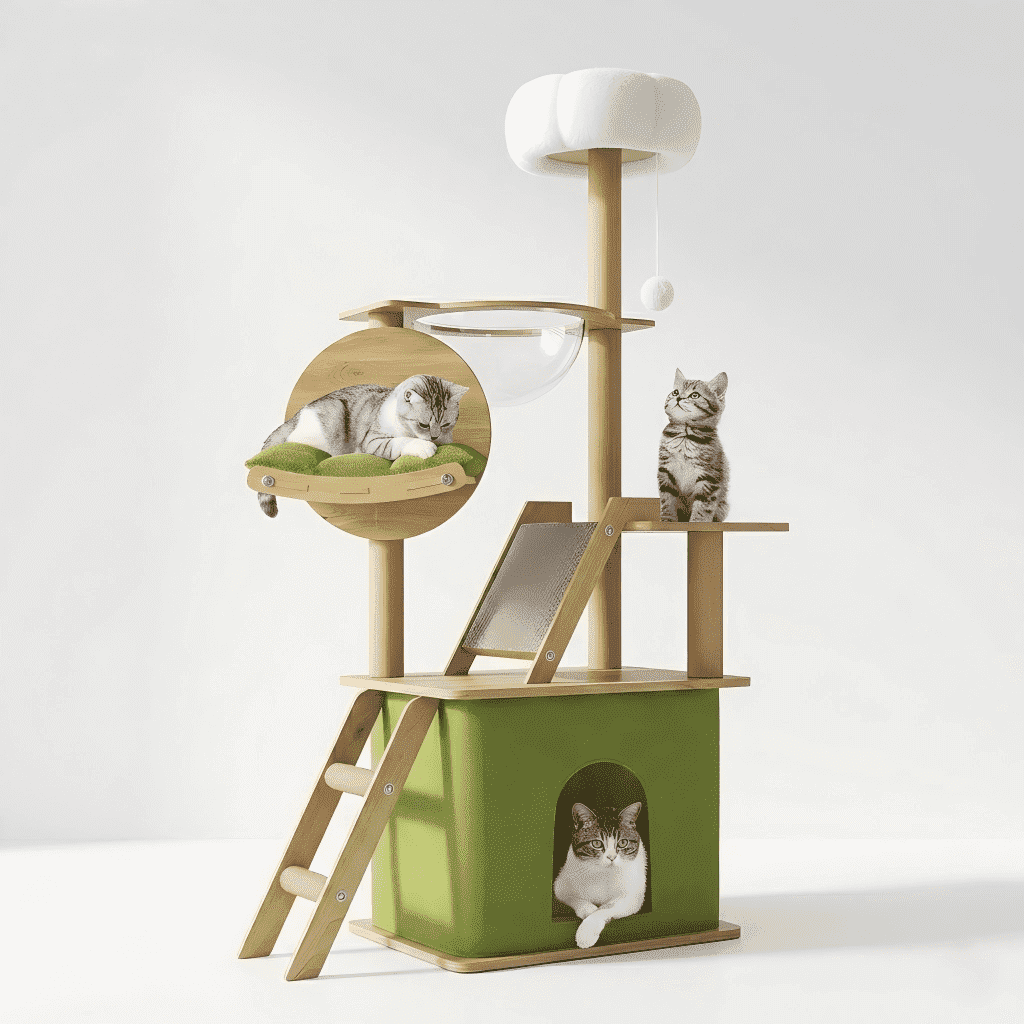 Mekidulu 59in Green Wood Cat Tree Tower, Modern Pet Furniture for Large Cats