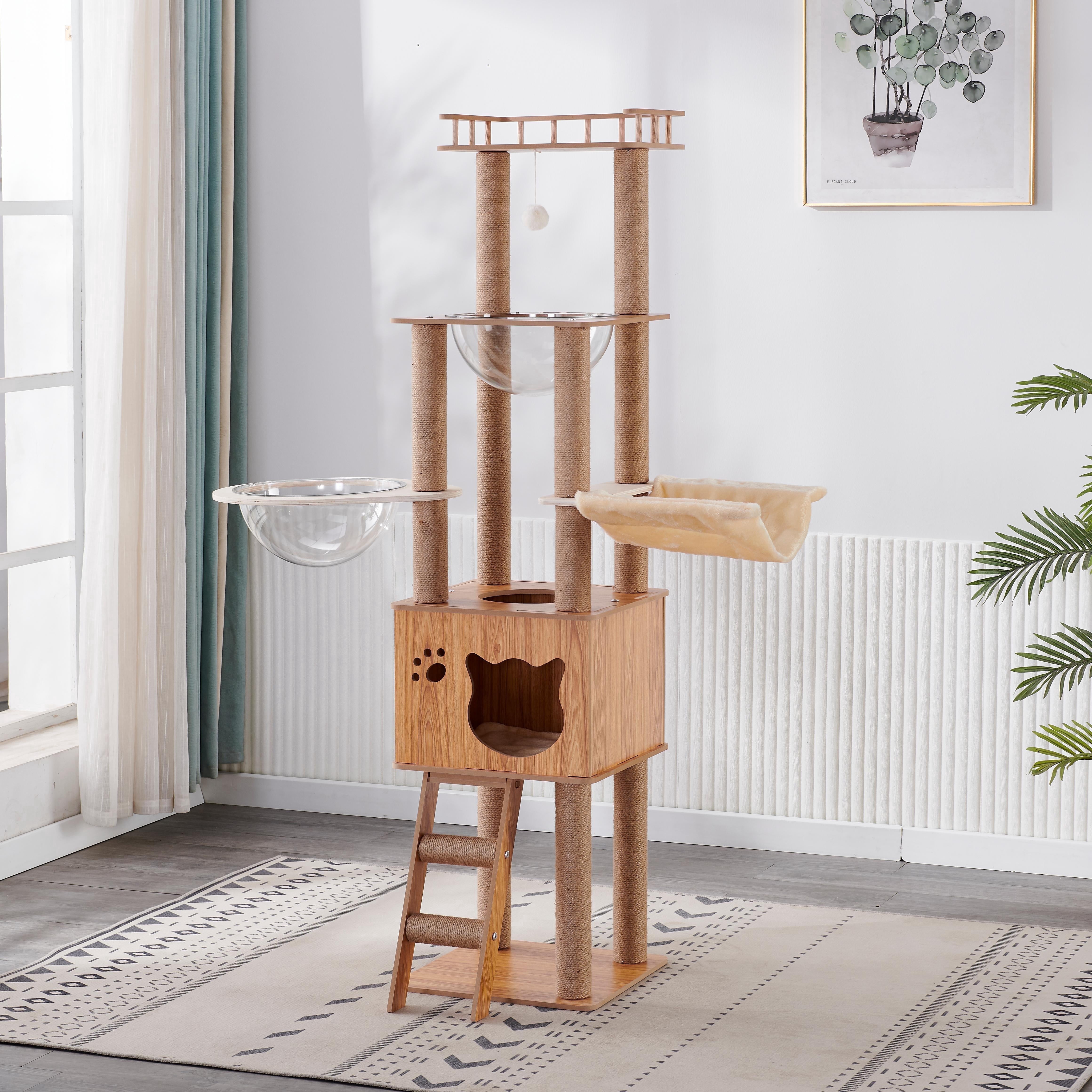 Mekidulu 61in Tall Wooden Cat Tree with 2 Transparent Capsule Pods, 6-Level Heavy Duty Wood Cat Tower for Large Cats, Dark Wood