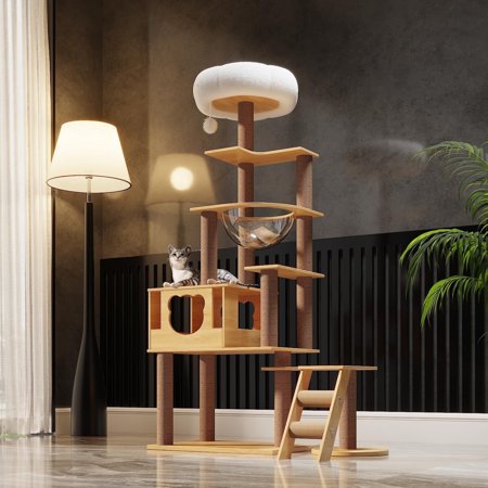 Mekidulu 6-Level 65" Wooden Cat Tree Climbing Tower with Scratching Posts, Clear Pod, Brown
