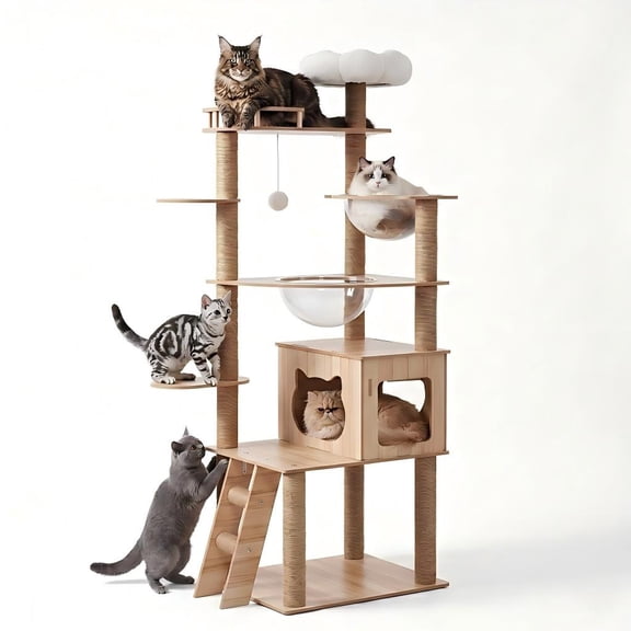 Mekidulu 67" Tall Wooden Cat Tree with Dual Transparent Pods, 7-Level Wood Cat Tower for Large Cats, Brown B12