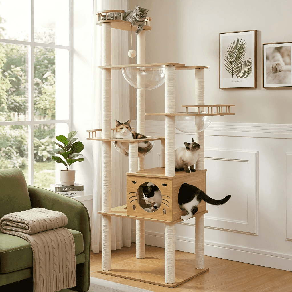 Mekidulu 73in Modern Wood Cat Tree Tower with 3 Space Capsules, 7-Level Indoor Condo, Natural
