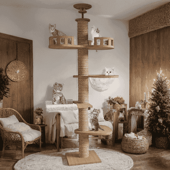 MEKIDULU Adjustable Height Floor-to-Ceiling Cat Tree, 4.3 Inch Thick Poles, Sisal Scratching Tower for Large Cats, Wooden Finish
