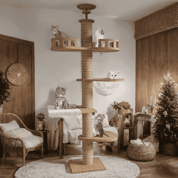 MEKIDULU Adjustable Height Floor-to-Ceiling Cat Tree, 4.3 Inch Thick Poles, Sisal Scratching Tower for Large Cats, Wooden Finish