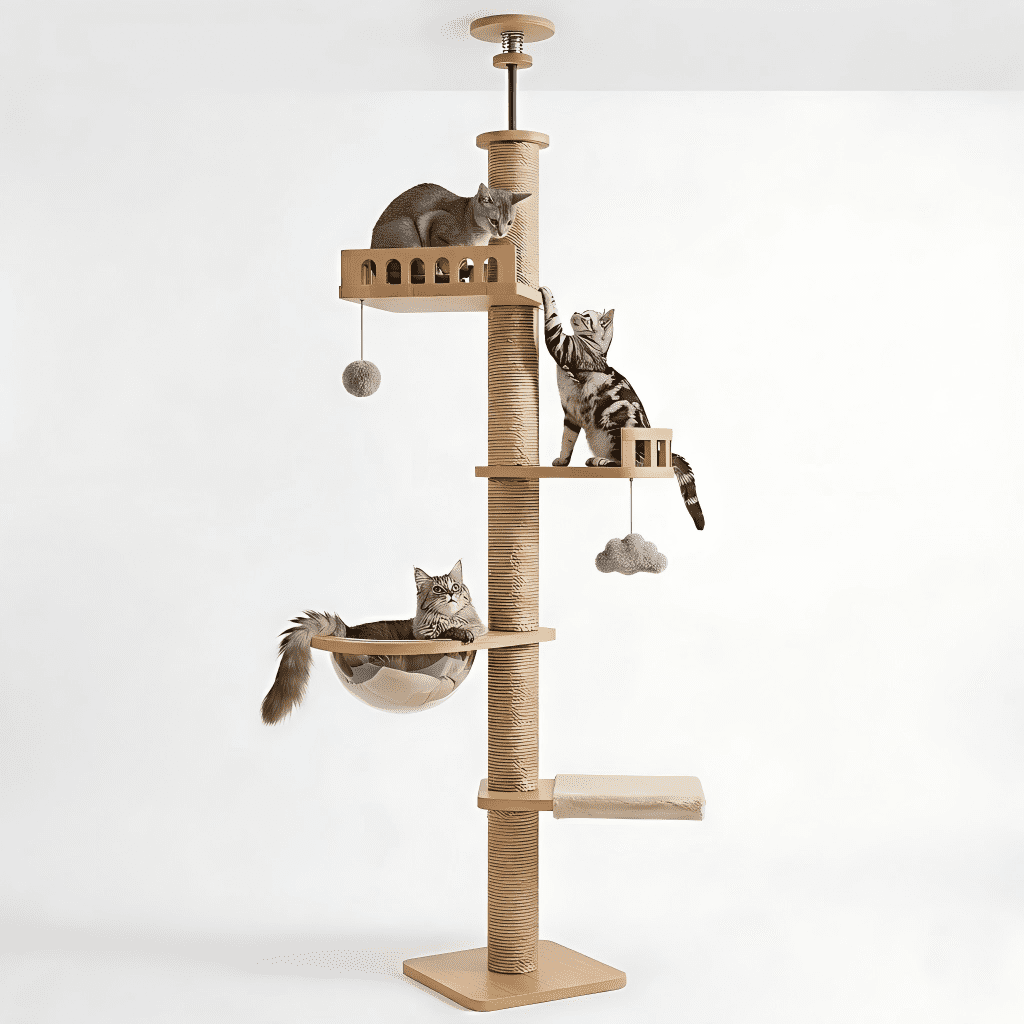 Mekidulu 95in-108in Adjustable Floor to Ceiling Cat Tree with 4.3in Posts, Wood Indoor Tower, Natural