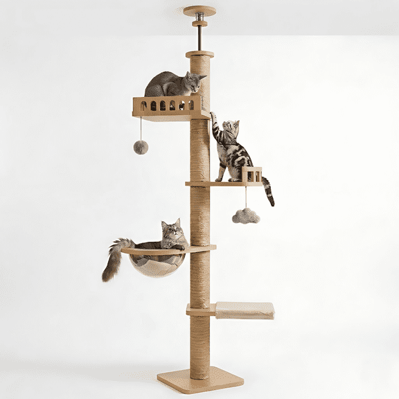 Mekidulu 95in-108in Adjustable Floor to Ceiling Cat Tree with 4.3in Posts, Wood Indoor Tower, Natural