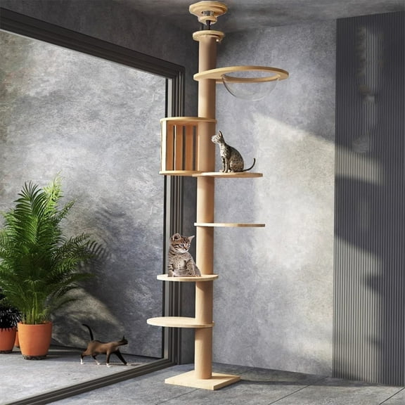 Mekidulu Adjustable Floor-to-Ceiling Cat Tree, 4.33Inch Ultra-Thick Sisal Scratching Post Tower, 110lbs Heavy Duty Capacity, Wood Color
