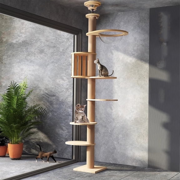 Mekidulu Adjustable Floor-to-Ceiling Cat Tree, 4.33Inch Ultra-Thick Sisal Scratching Post Tower, 110lbs Heavy Duty Capacity, Wood Color