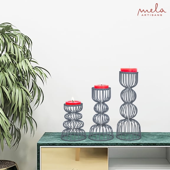 Mela Artisan Grey Pillar Candle Holders Set of 3, Handcrafted Metal Candle Holder, 6" x 9" x 12"