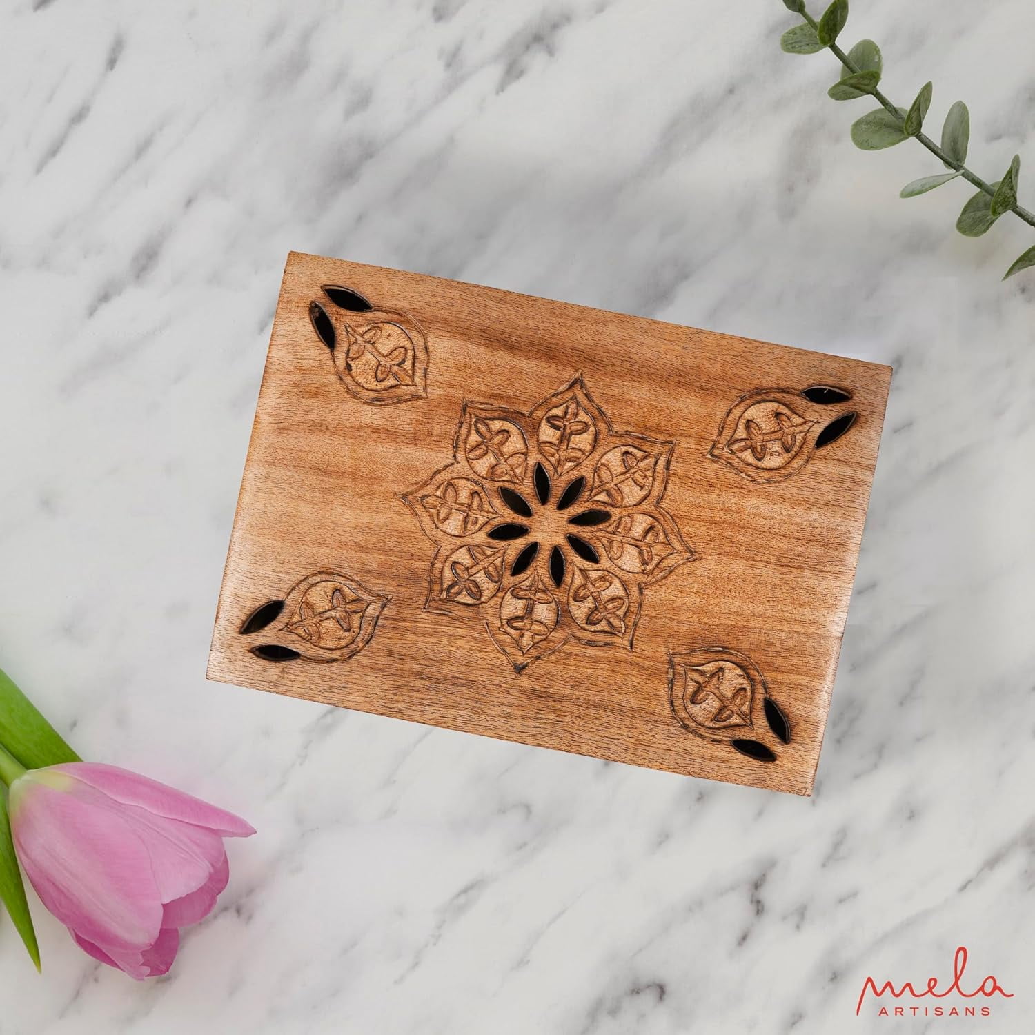 Mela Artisan Handmade Mango Wood Keepsake Box, Memory Keepsake Box, Medium Burnt, 7.5” x 4.5” x 3”