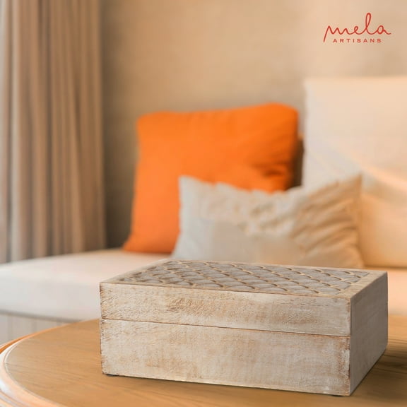 Mela Artisan Large Wooden Box, Handmade Mangowood Keepsake Box, Grey Memory Box, 9" x 6" x 3.5"