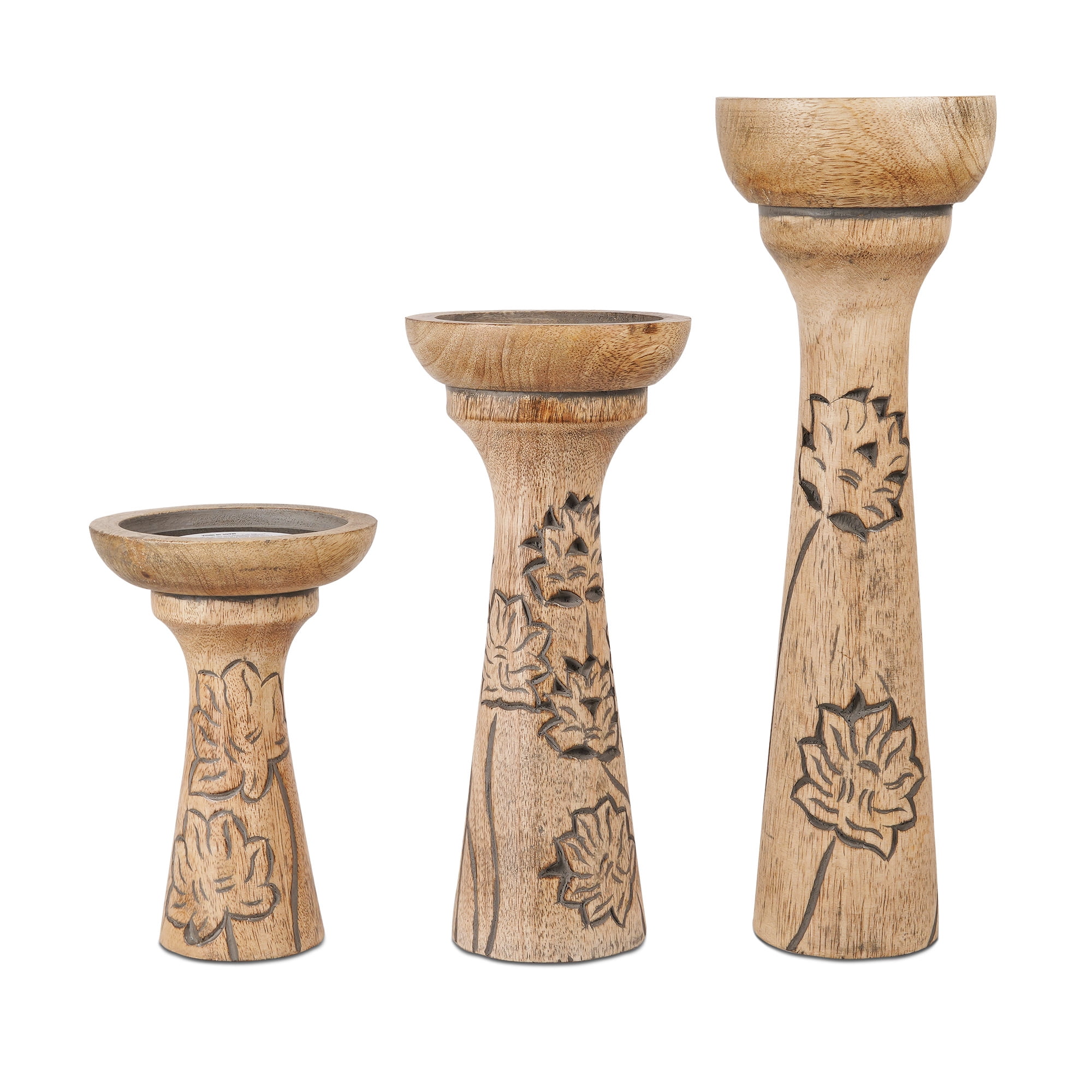 Mela Artisan Pillar Candle Holders Set of 3, Mangowood Candle Stand holders, Grey, 6" x 9" x 12"