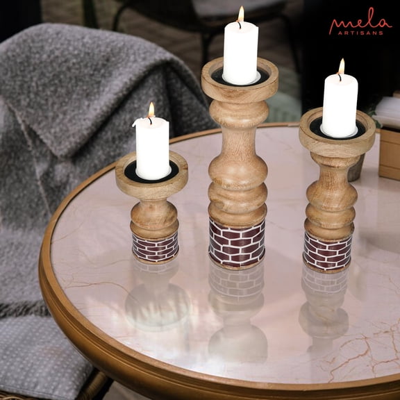 Mela Artisan Red Candle Holders Set of 3, Elegant Wood Stand holder with Enamel Design, 6”x 9”x 12”