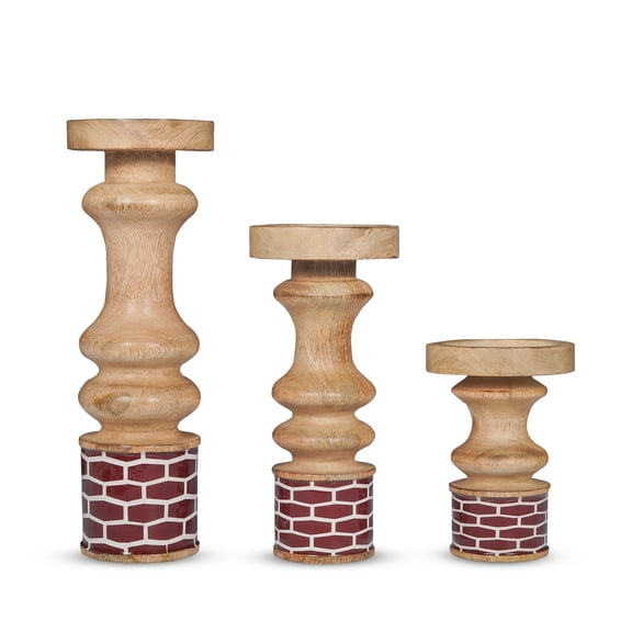 Mela Artisan Red Candle Holders Set of 3, Elegant Wood Stand holder with Enamel Design, 6”x 9”x 12”