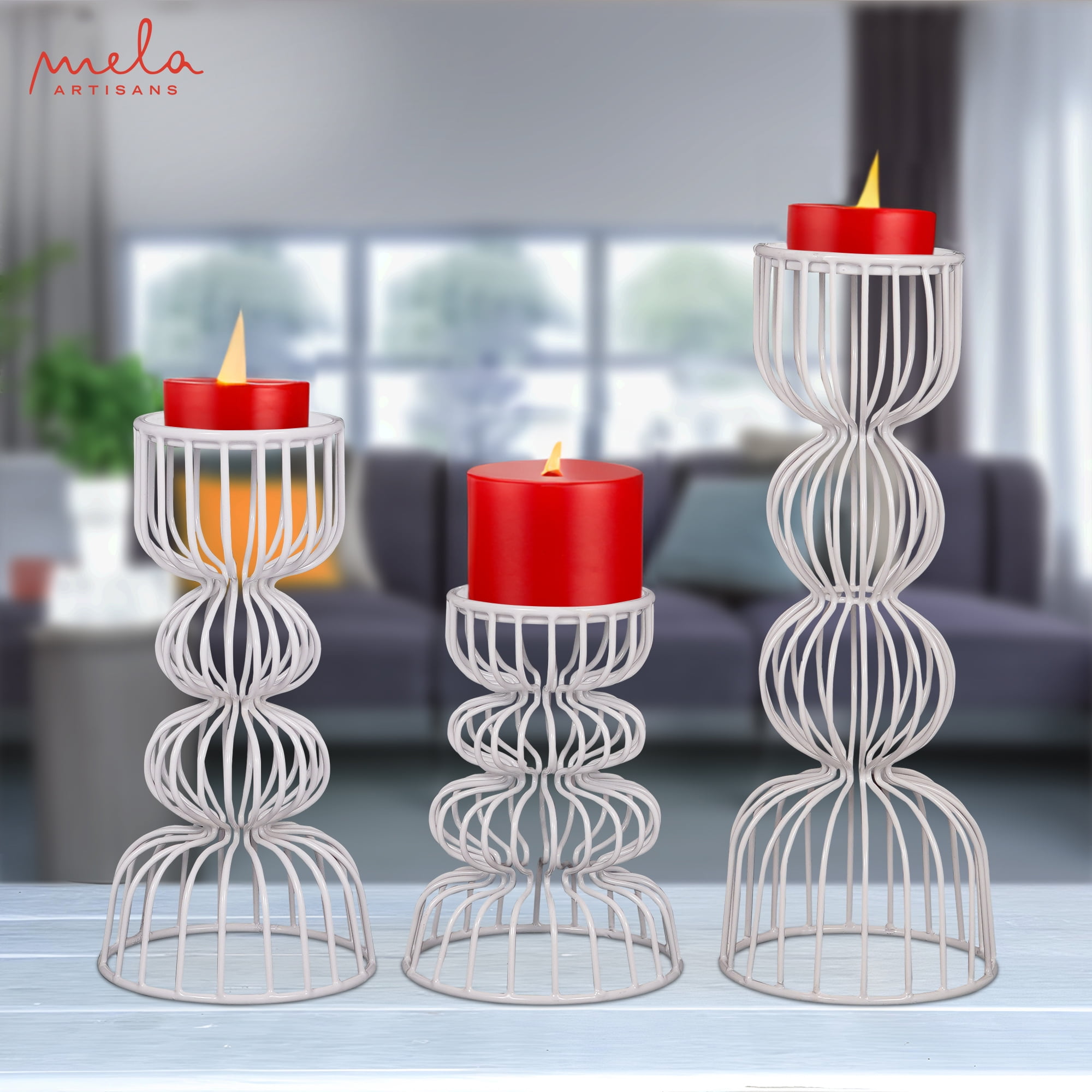 Mela Artisan White Metal Candle Holders Set of 3, Candle Pillar Holder ...