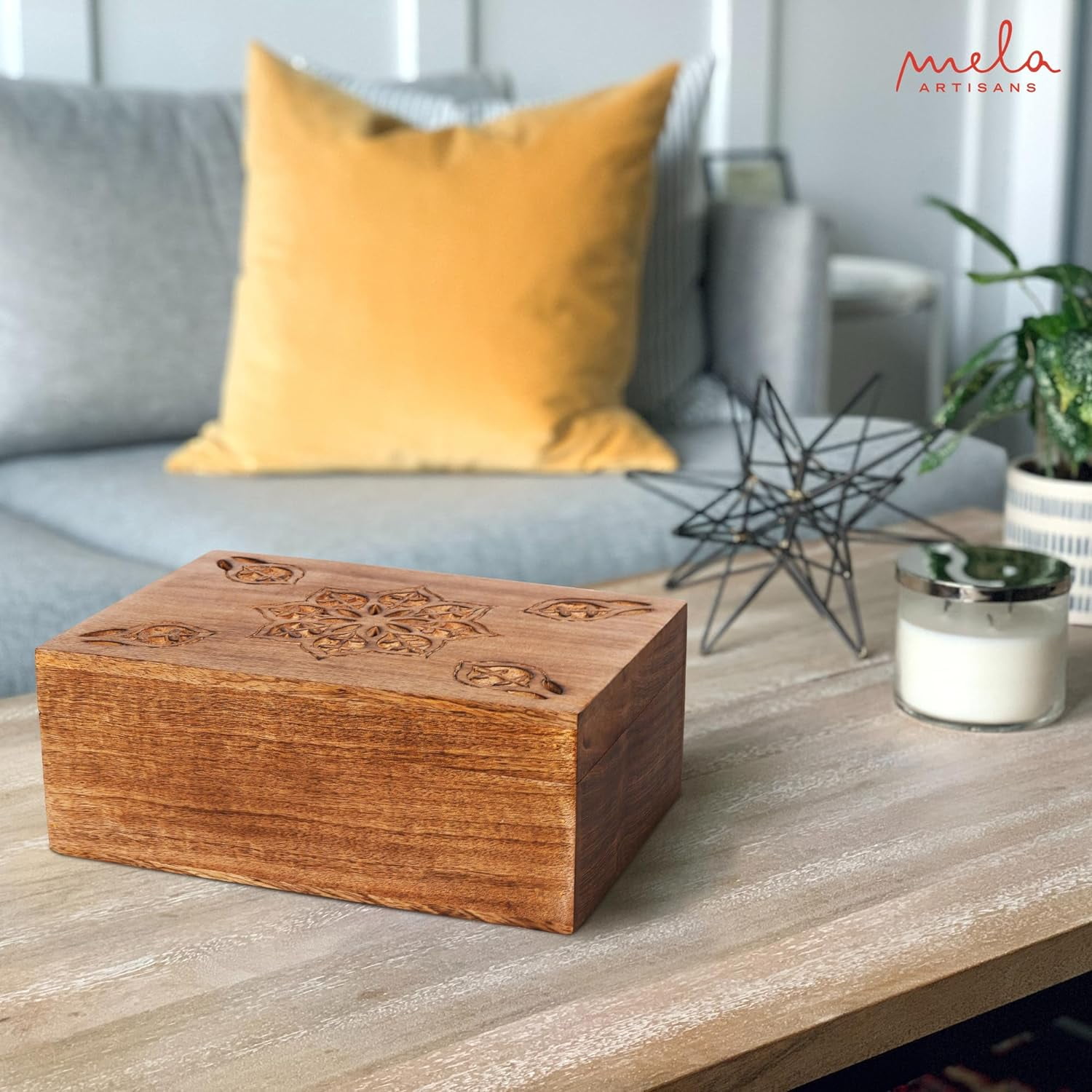 Mela Artisans Decorative Medium Burnt Mango Wood Box with Lid, Extra Large Wooden Box, XL, 10.5" x 7.5" x 4"