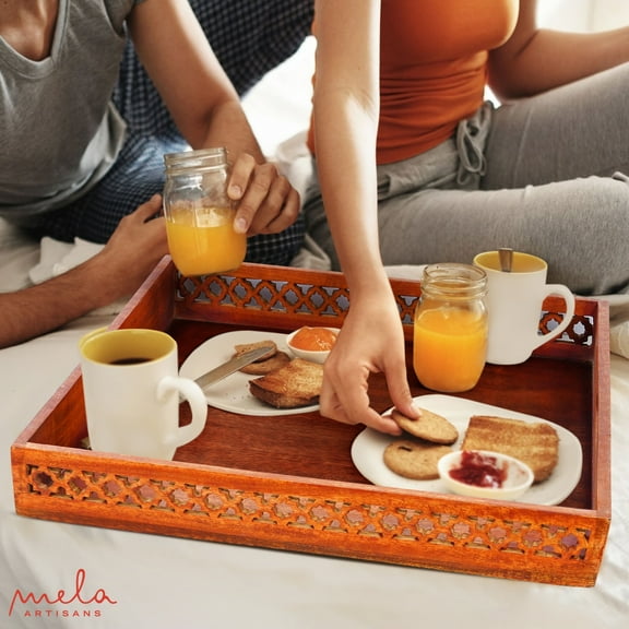 Mela Artisans Decorative Wooden Ottoman Tray with Handles, Mango Wood Serving Tray, Medium Polish, 19” x 19” x 2.5”