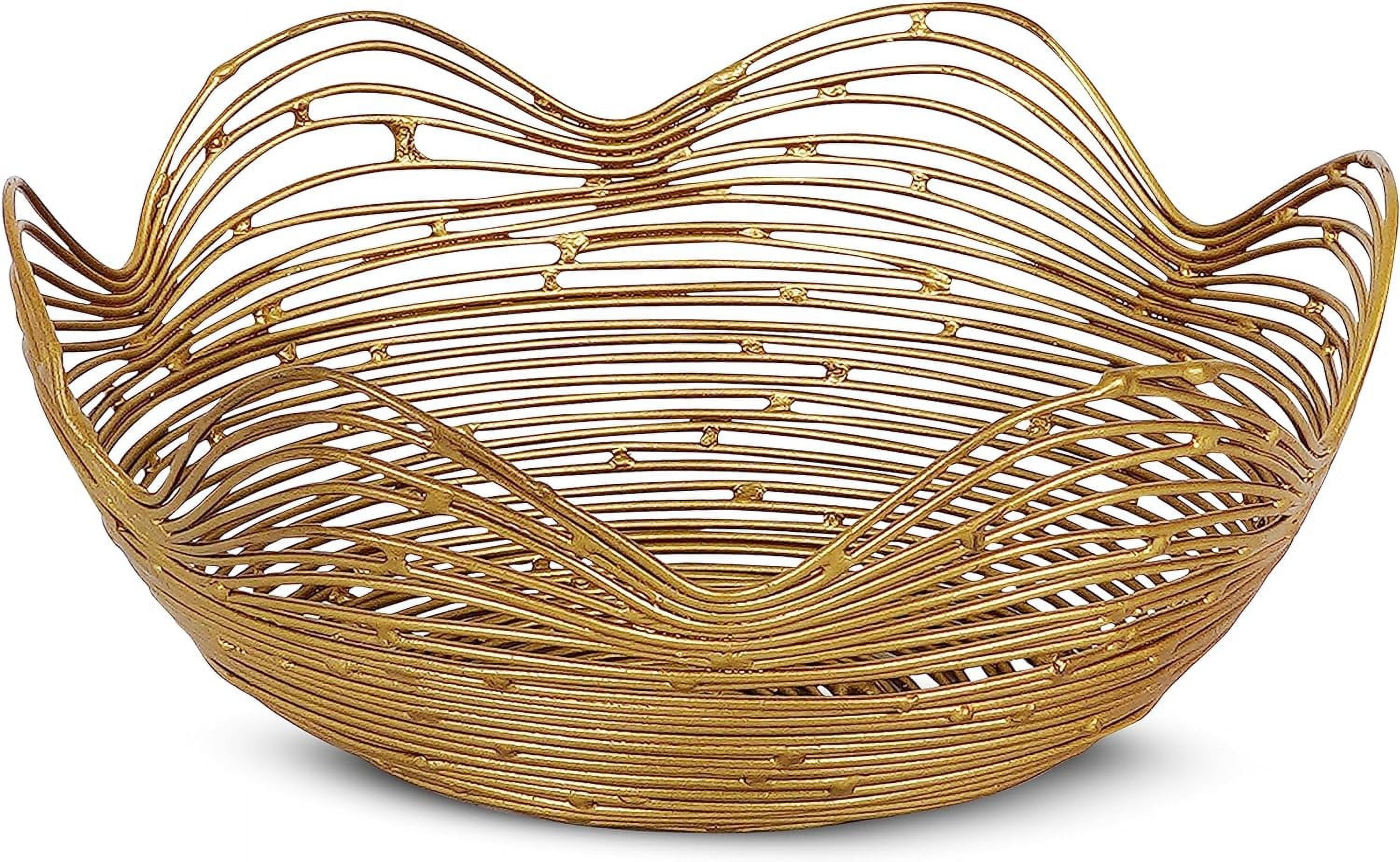 Mela Artisans Gold Wire Fruit Basket Kitchen Counter - Medium, Gurez Valley Design , Decorative Round Wire Basket , Modern Metal Vegetable & Fruit Bowl , Cute Farmhouse Table Decor , 9 x 4 x 4