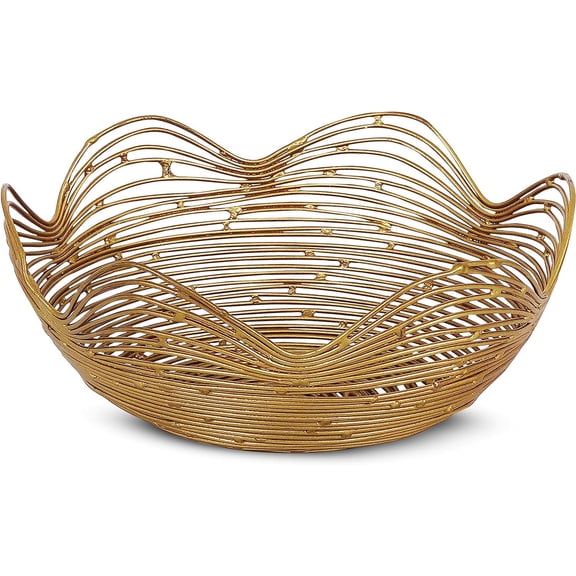 Mela Artisans Gold Wire Fruit Basket Kitchen Counter - Medium, Gurez Valley Design , Decorative Round Wire Basket , Modern Metal Vegetable & Fruit Bowl , Cute Farmhouse Table Decor , 9 x 4 x 4