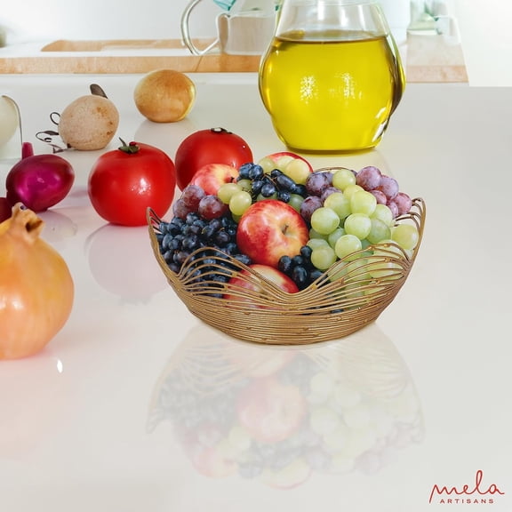 Mela Artisans Gold Wire Fruit Basket Kitchen Counter - Small, Gurez Valley Design, Decorative Round Wire Basket, Modern Metal Vegetable & Fruit Bowl, Cute Farmhouse Table Décor, 6.5” x 2.8” x 3.5”