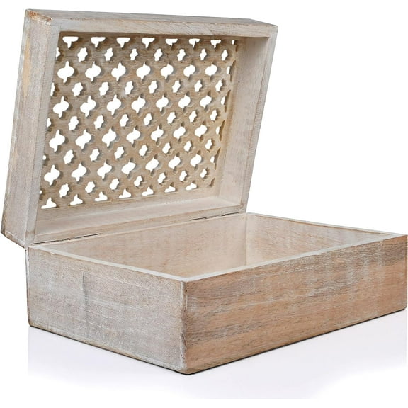 Mela Artisans Decorative Storage Box with Hinged Lid - Whitewash, XL, 10.5” x 7.5” x 4”