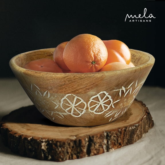 Mela Artisans Hand Carved Medium Wooden Serving Bowl - Natural Over White, 9" x 4" x 4"