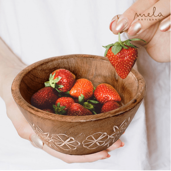 Mela Artisans Hand Carved Small Wooden Serving Bowl - Natural Over White, 6" x 3" x 3.5"