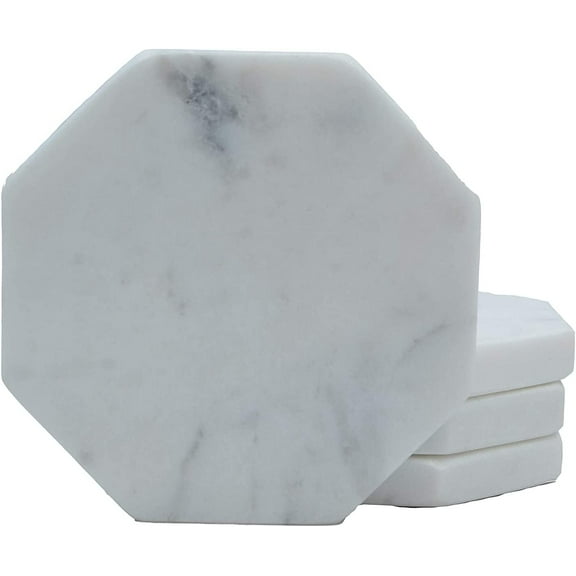 Hand Crafted Marble Coasters for Drinks, Set of 4 - Genuine Marble Coaster for Wine Glass, Coffee Cup, Soft Drinks, Water, or Beer - Decorative Sleek White Marble Coasters - Octagon Coasters
