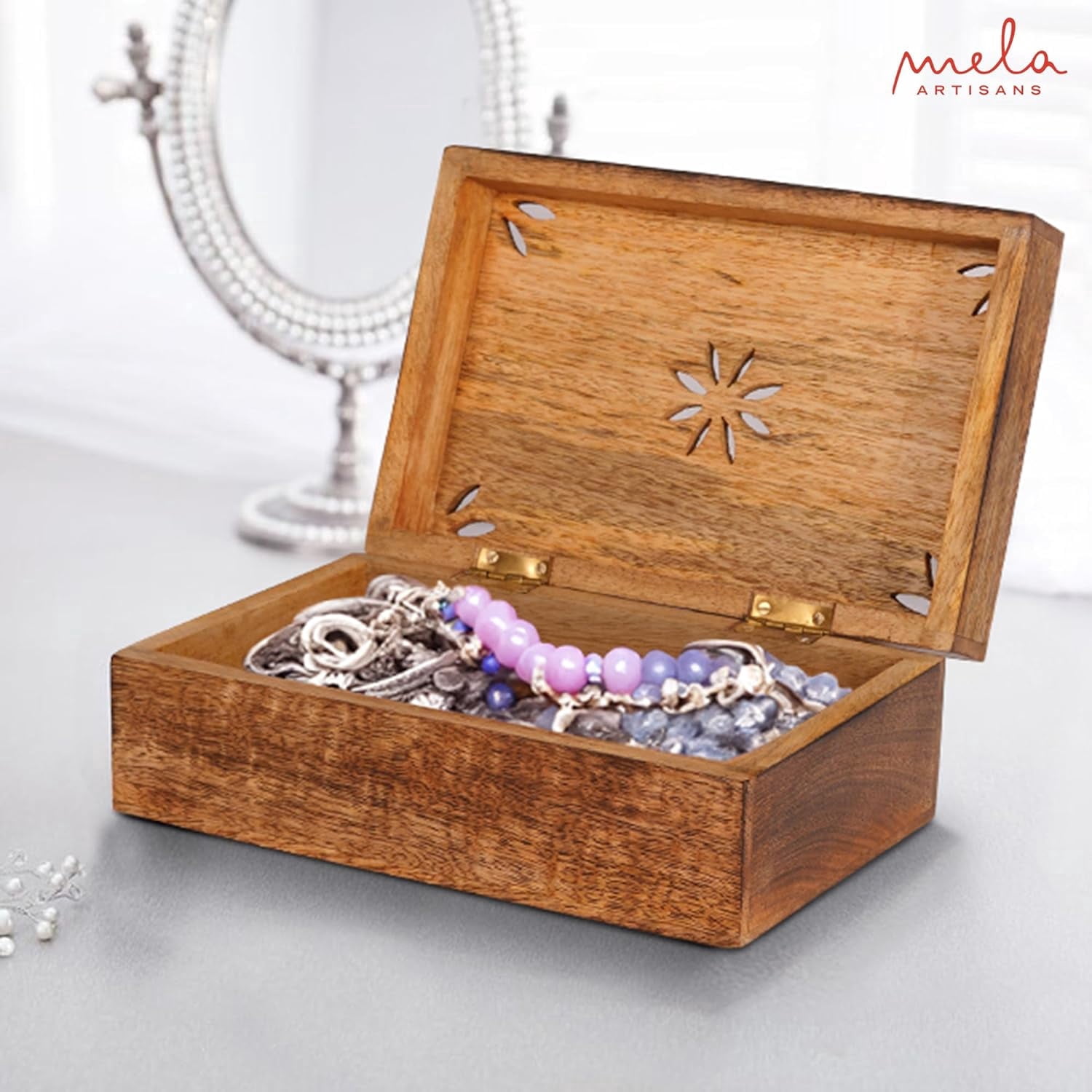 Mela Artisans Handcrafted Mango Wood Keepsake Box, Wood Decor Box, Burnt Mango, 9"x6"x3.5"