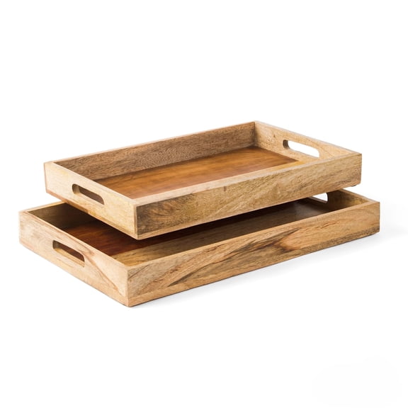 Mela Artisans Handcrafted Wooden Serving Tray, Natural | Set of 2 15x10x1.75 and 13x9x1.75 | Decorative Mango Wood | Serve Breakfast, Other Foods, Coffee and Tea | Nadi Rectangular Design