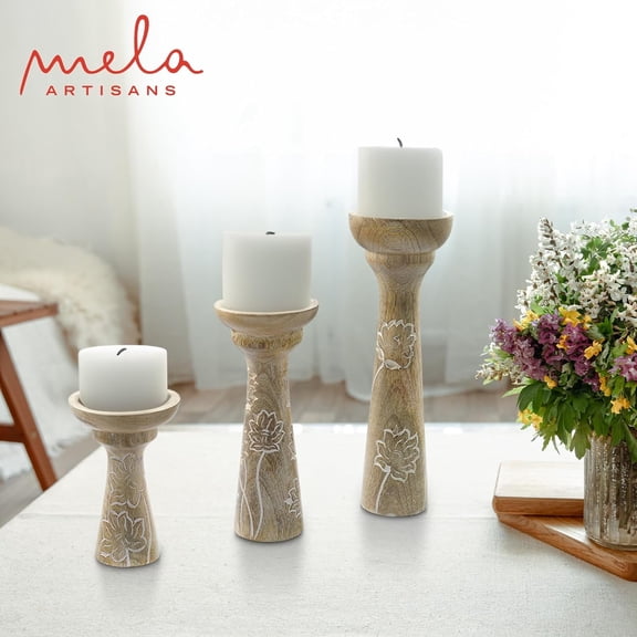 Mela Artisans Lotus Vine Candle Holders for Pillar Candles Set of 3, Mango Wood Candle Holder Set, Whitewash, 6" x 9" x 12"