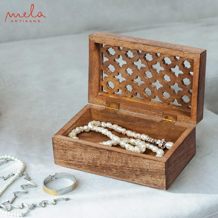 Mela Artisans Mango Wood Box with Lid, "Trellis" Keepsake Box, Handmade Decorative Box with Lid, Medium Burnt, 7.5" x 4.5" x 3"