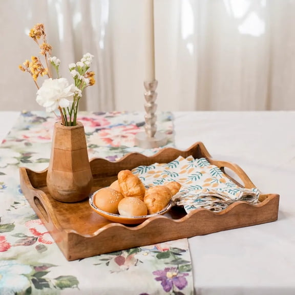 Mela Artisans Mango Wood Scalloped Serving Tray with Handles, Decorative Tray with Felt Pads, Natural Finish, 14” x 10” x 2”
