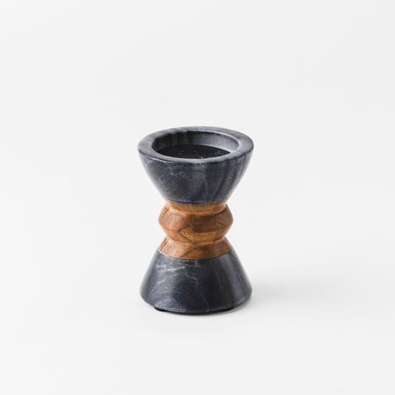 Mela Artisans Monarch Marble & Acacia 4" Candleholder, Black