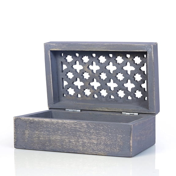 Mela Artisans Rustic Trellis Storage Box with Hinged Lid - Distressed Dove Grey Polish, Medium Size