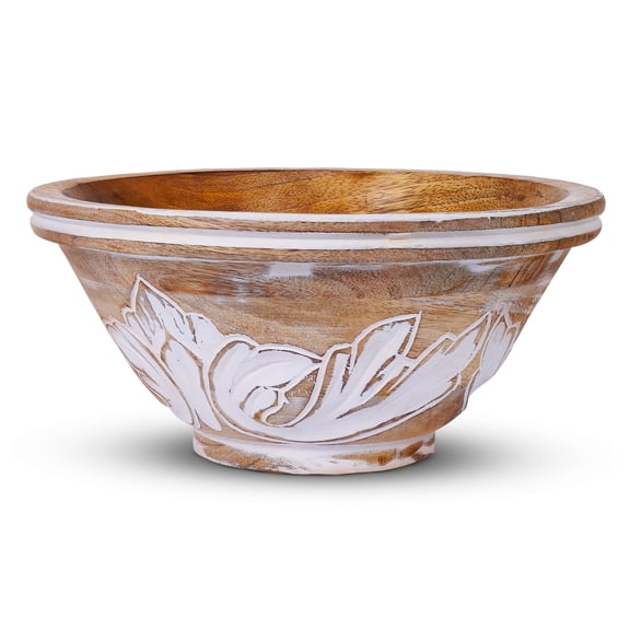 Mela Artisans Handcrafted Medium Wooden Serving Bowl - Antique White, 9" x 9" x 4"