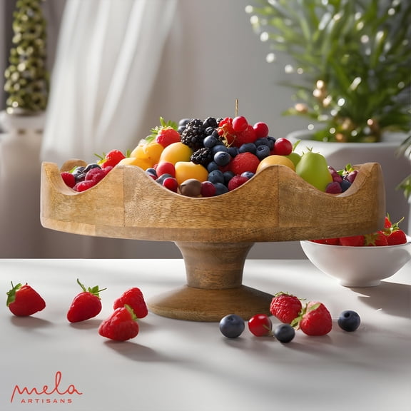 Mela Artisans Scallop Footed Wooden Fruit Bowl, Modern Decorative Fruit Tray, Mangowood, Natural, 12 x 4 x 5