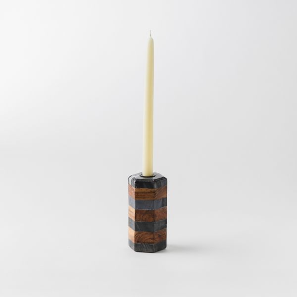 Mela Artisans Striped Marble & Acacia Candleholders -Black