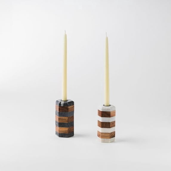 Mela Artisans Striped Marble & Acacia Candleholders -White