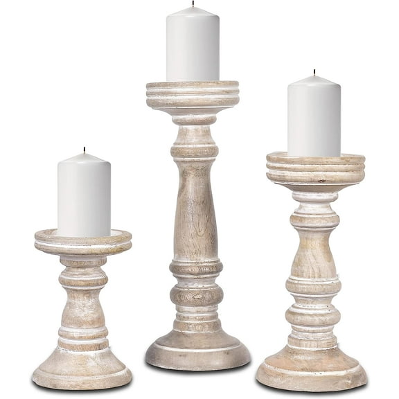 Mela Artisans Whitewash Chennai Wood Pillar Candle Holders - Set of 3