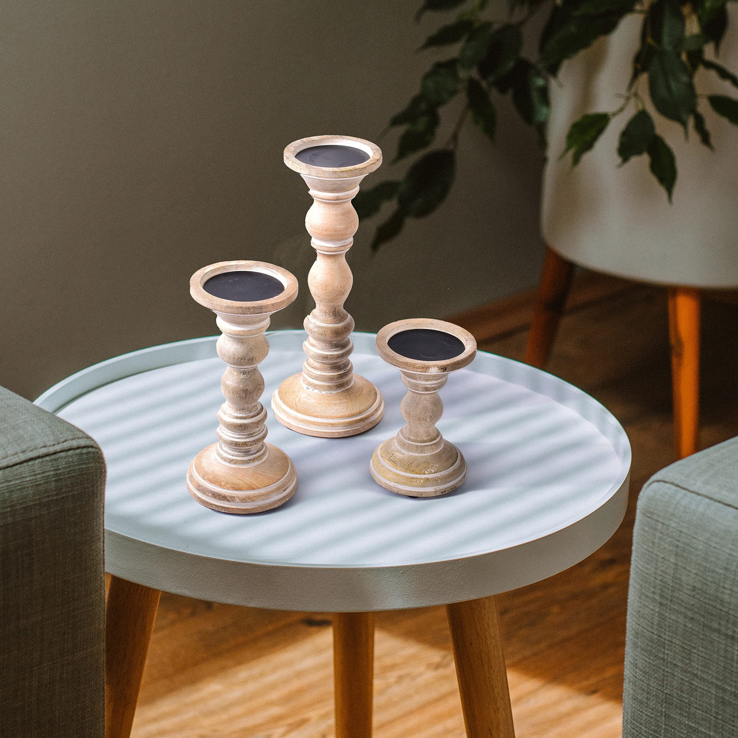 Whitewash Winter Wood Trio Candlestick Set for Tabletop Decor