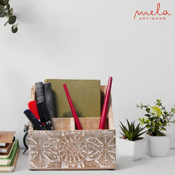 Mela Artisans Wooden Letter Organizer For Desk, "Ajenta" Small Rustic Mail Holder, Whitewashed, 7.2" X 5.1" X 7.3"