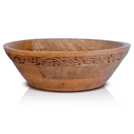 Mela Artisans Wooden Serving Bowls - Medium Burnt | Jasmine Decorative Style | Rustic Kitchen Decor | Mango Wood | Fits Bread, Fruits, Salad or Popcorn | 12” x 4.5” x 11”